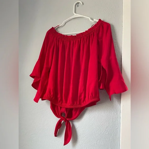 Express Red Off-Shoulder Blouse with Tie Front - Picture 3 of 4